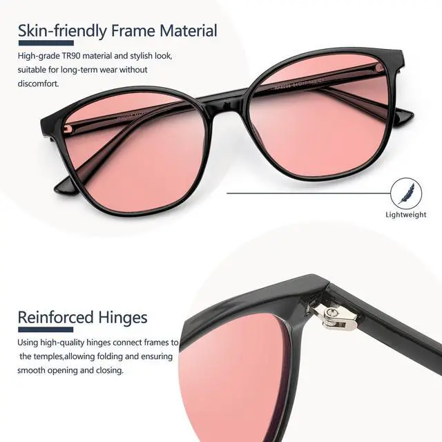 Alt view image 4 of 5 - JFXQDR Women's Fluorescent-41 Rose Tinted Blue Light Blocking Glasses for Migraine, Light Sensitivity, Photophobia & LED Gaming Computer Screen Glare RF6208
