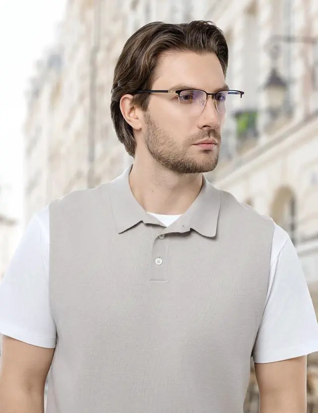 Alt view image 2 of 5 - ZanyLen Blue Light Blocking Glasses Men Computer Gaming Glasses Rectangle Metal Semi-rimless Black/Golden Frame Anti Glare/UV400 Clear Lens