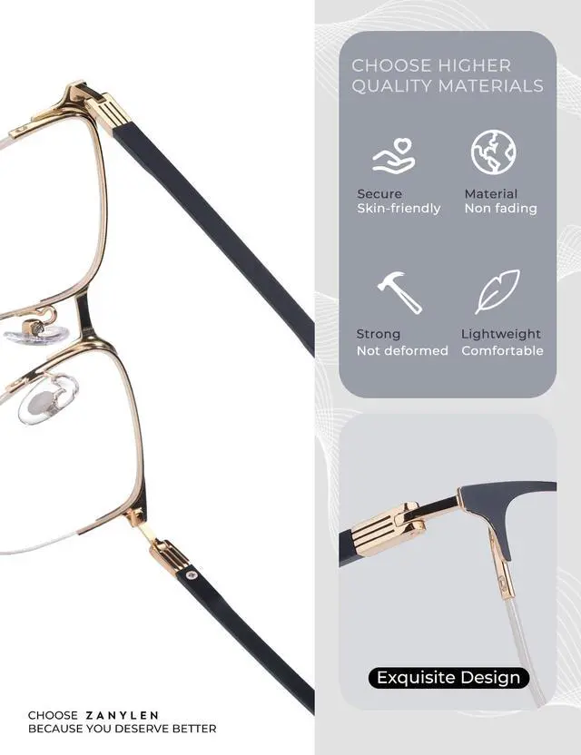 Alt view image 5 of 5 - ZanyLen Blue Light Blocking Glasses Men Computer Gaming Glasses Rectangle Metal Semi-rimless Black/Golden Frame Anti Glare/UV400 Clear Lens