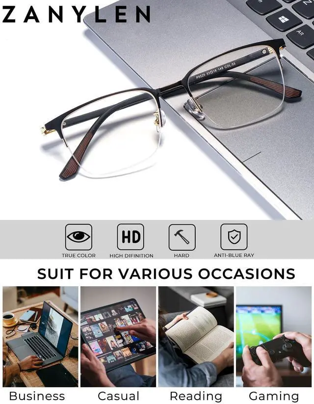 Alt view image 3 of 5 - ZanyLen Blue Light Blocking Glasses Men Computer Gaming Glasses Rectangle Metal Semi-rimless Black/Golden Frame Anti Glare/UV400 Clear Lens