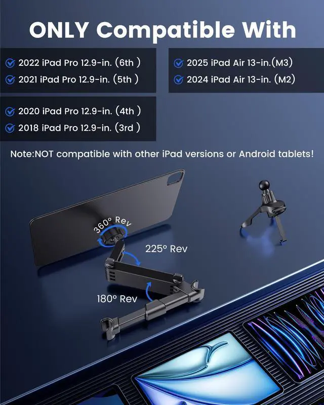 Alt view image 5 of 5 - KU XIU Car Headrest Magnetic Tablet Holder for iPad Pro 12.9, iPad Air 13 M2/M3, Backseat Tablet Car Mount Adjustable Arm, Road Trip Essentials for Kids,for iPad Pro 12.9 3rd/4th/5th/6th