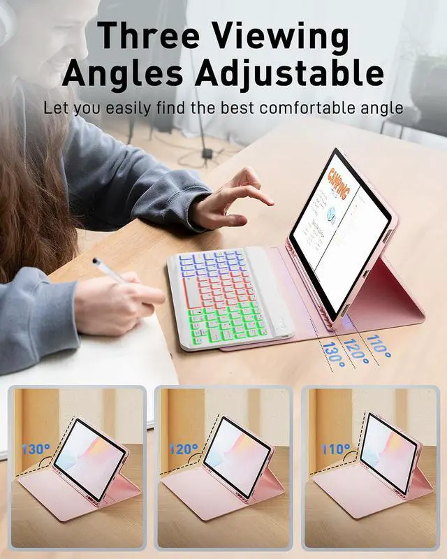 Alt view image 4 of 5 - SAMTUNK for Amazon Fire HD 10/10 Plus Case with Keyboard (11th/13th Generation, 10.1 inch) - Rainbow Backlit Keyboard Case - Built in Pencil Holder with Mouse - Pink