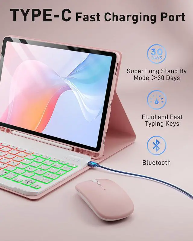 Alt view image 5 of 5 - SAMTUNK for Amazon Fire HD 10/10 Plus Case with Keyboard (11th/13th Generation, 10.1 inch) - Rainbow Backlit Keyboard Case - Built in Pencil Holder with Mouse - Pink