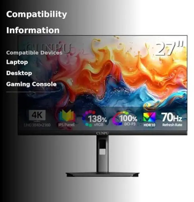 Alt view image 3 of 5 - CUNPU 27 Inch 4K 70Hz Monitor, UHD (3840 * 2160) IPS Ultra-Slim Bezel Monitor for Photo Video Editing, E < 2, 100% DCI-P3, 1.07B+ Colors, PIP-PBP, Adaptive Sync, DP/HDMI, Black
