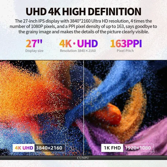 Alt view image 2 of 5 - CUNPU 27 Inch 4K 70Hz Monitor, UHD (3840 * 2160) IPS Ultra-Slim Bezel Monitor for Photo Video Editing, E < 2, 100% DCI-P3, 1.07B+ Colors, PIP-PBP, Adaptive Sync, DP/HDMI, Black