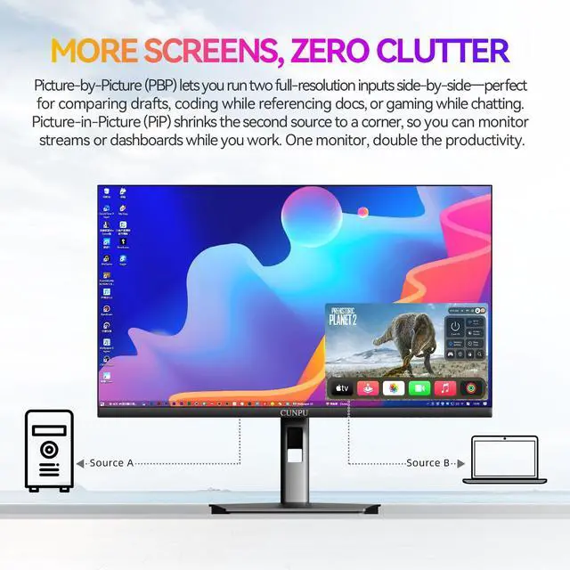 Alt view image 5 of 5 - CUNPU 27 Inch 4K 70Hz Monitor, UHD (3840 * 2160) IPS Ultra-Slim Bezel Monitor for Photo Video Editing, E < 2, 100% DCI-P3, 1.07B+ Colors, PIP-PBP, Adaptive Sync, DP/HDMI, Black