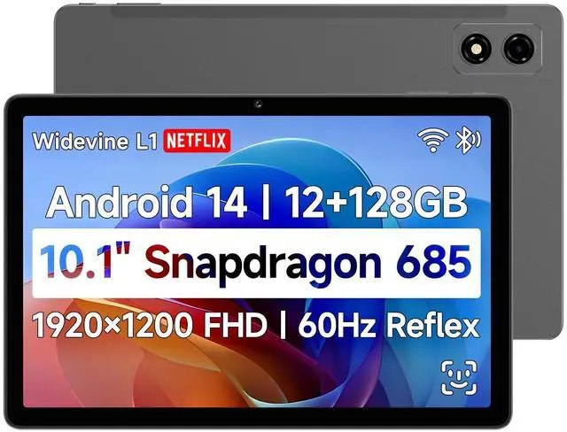 Main image of BNCF 10.1inch Snapdragon 685 Android 14 Tablet, FHD IPS 1920x1200 Resolution 60Hz Reflex Bpad 10 with Widevine L1, 12GB+128GB(1TB Expand), 5MP+5MP Camera, 2.4G/5G WiFi+BT5.0, 6500mAh