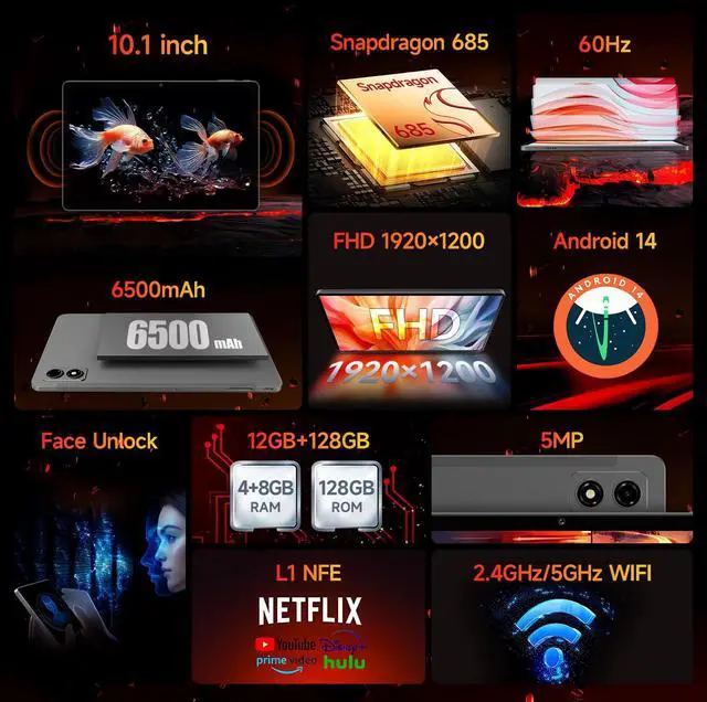 Alt view image 2 of 5 - BNCF 10.1inch Snapdragon 685 Android 14 Tablet, FHD IPS 1920x1200 Resolution 60Hz Reflex Bpad 10 with Widevine L1, 12GB+128GB(1TB Expand), 5MP+5MP Camera, 2.4G/5G WiFi+BT5.0, 6500mAh