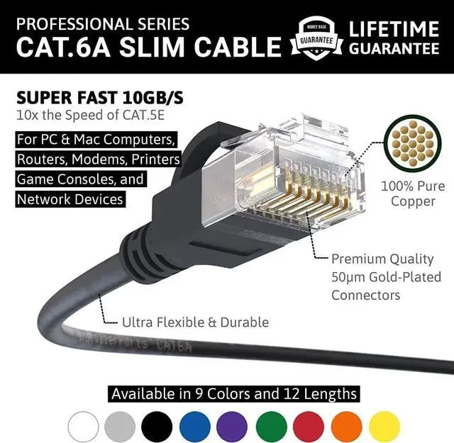 Alt view image 2 of 5 - InstallerParts Ethernet Cable CAT6A Slim Cable UTP Booted 10 FT (5 Pack) - Black - Professional Series - 10Gigabit/Sec Network/High Speed Internet Cable, 550MHZ, 28AWG