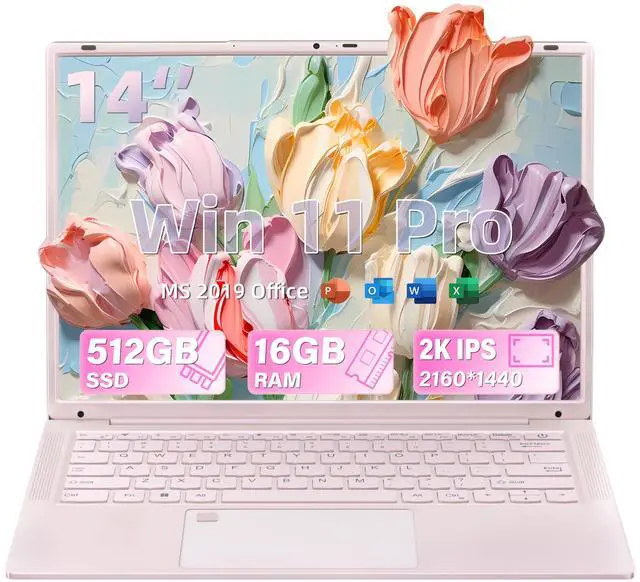 Main image of Rumtuk 14" Pink Laptop Computer for Students, 512GB SSD 16GB RAM, 2K FHD IPS Display,in tel N150 Processor, Fingerprint, Backlit Keyboard, Win 11 Pro with Office, Type-C, Webcam, Long Battery Life