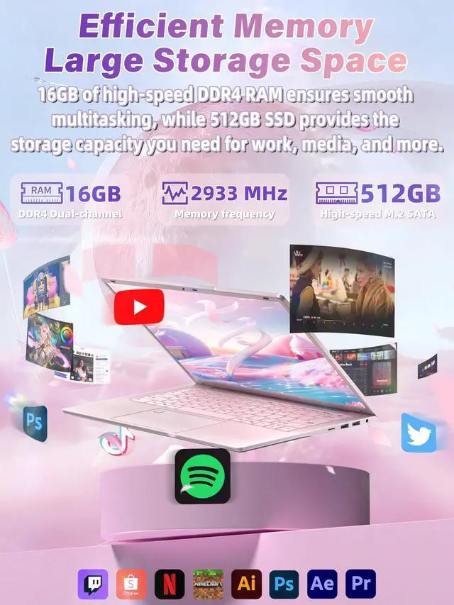 Alt view image 2 of 5 - Rumtuk 14" Pink Laptop Computer for Students, 512GB SSD 16GB RAM, 2K FHD IPS Display,in tel N150 Processor, Fingerprint, Backlit Keyboard, Win 11 Pro with Office, Type-C, Webcam, Long Battery Life