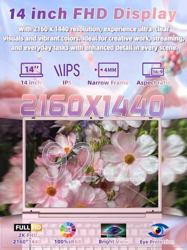 Alt view image 3 of 5 - Rumtuk 14" Pink Laptop Computer for Students, 512GB SSD 16GB RAM, 2K FHD IPS Display,in tel N150 Processor, Fingerprint, Backlit Keyboard, Win 11 Pro with Office, Type-C, Webcam, Long Battery Life