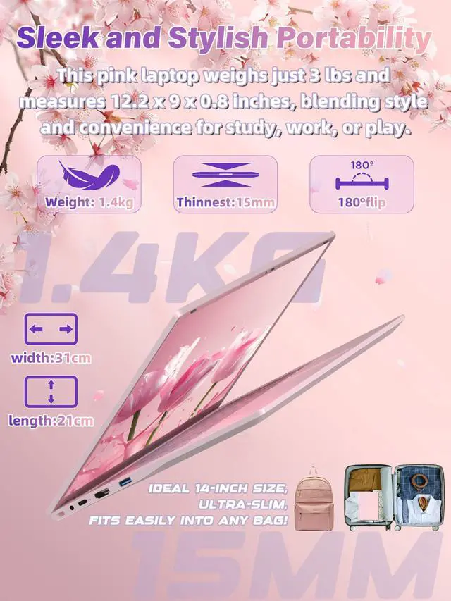 Alt view image 4 of 5 - Rumtuk 14" Pink Laptop Computer for Students, 512GB SSD 16GB RAM, 2K FHD IPS Display,in tel N150 Processor, Fingerprint, Backlit Keyboard, Win 11 Pro with Office, Type-C, Webcam, Long Battery Life