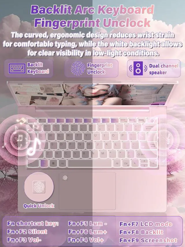 Alt view image 5 of 5 - Rumtuk 14" Pink Laptop Computer for Students, 512GB SSD 16GB RAM, 2K FHD IPS Display,in tel N150 Processor, Fingerprint, Backlit Keyboard, Win 11 Pro with Office, Type-C, Webcam, Long Battery Life