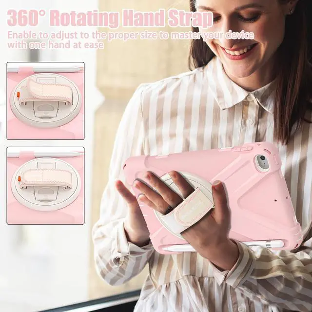 Alt view image 3 of 5 - BRAECNstock Kids Case for Apple iPad mini 5/4 7.9" 2019/2015, Shockproof Protective with Pencil Holder, Rotating Stand & Hand Strap,Shoulder Strap, Case for iPad mini 5th/4th Gen, Sakura Pink