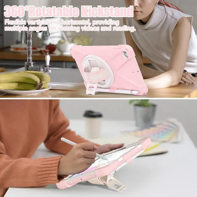 Alt view image 4 of 5 - BRAECNstock Kids Case for Apple iPad mini 5/4 7.9" 2019/2015, Shockproof Protective with Pencil Holder, Rotating Stand & Hand Strap,Shoulder Strap, Case for iPad mini 5th/4th Gen, Sakura Pink