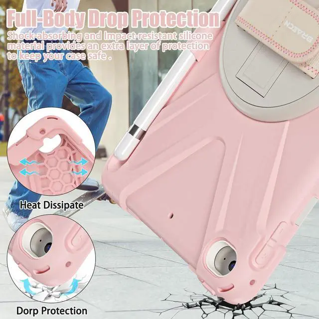 Alt view image 5 of 5 - BRAECNstock Kids Case for Apple iPad mini 5/4 7.9" 2019/2015, Shockproof Protective with Pencil Holder, Rotating Stand & Hand Strap,Shoulder Strap, Case for iPad mini 5th/4th Gen, Sakura Pink