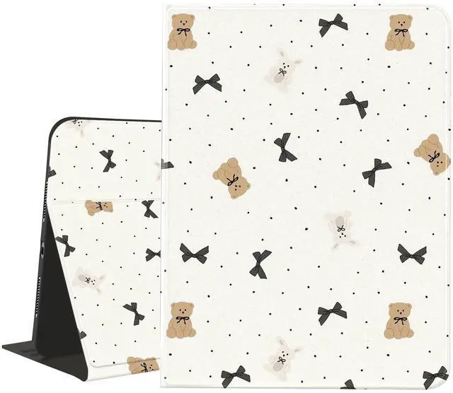 Main image of JOYLAND Bear Pad Case for 10.2 Inch iPad 9th/8th/7th Generation(iPad 2021/2020/2019) with Pencil Holder Cartoon Bowknot Pattern Multi-Angle Viewing Folio Stand Leather Cover Auto Sleep/Wake for Girls