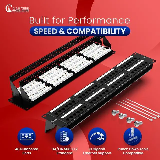 Alt view image 2 of 5 - NewYork Cables 48 Port Cat6 Patch Panel  10Gb Ethernet, 2U Rackmount 19-Inch, Color-Coded T568A/B Labels, Unshielded, 110/Krone Compatible, Black