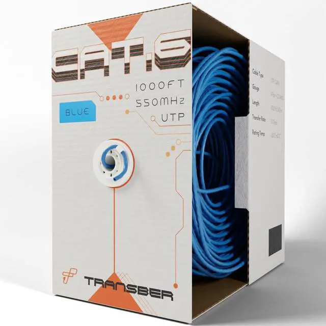 Main image of Transber, CAT6 1000ft Ethernet Cable Solid UTP Up to 10Gbps 550Mhz 23AWG 4x2 Pair Bulk Cable Network PoE++/4PPoE LAN Wire 1000-feet Easy Pull Box (Blue)