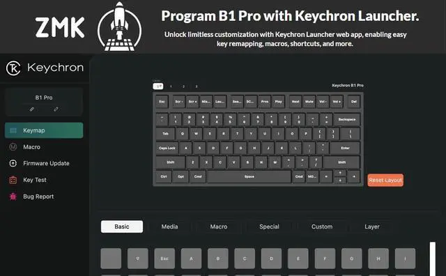Alt view image 3 of 5 - Keychron B1 Pro Ultra-Slim Wireless ZMK Custom Keyboard, Programmable Bluetooth/2.4 G/Wired Lightweight with 1200-Hour Long Battery Life Quiet Key for Mac/Windows - Ivory White