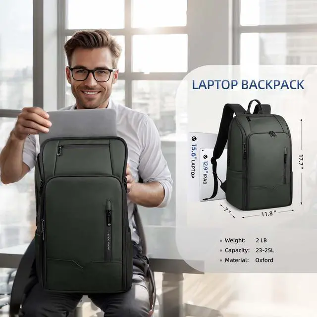 Alt view image 2 of 5 - Business Backpack Computer Bag for 15.6 Inch Laptop for Men Women with USB Charging Port Water-Resistant Anti-theft Luggage Backpack Suitcase Casual Daypack for College Weekender Hikking Travel-Green