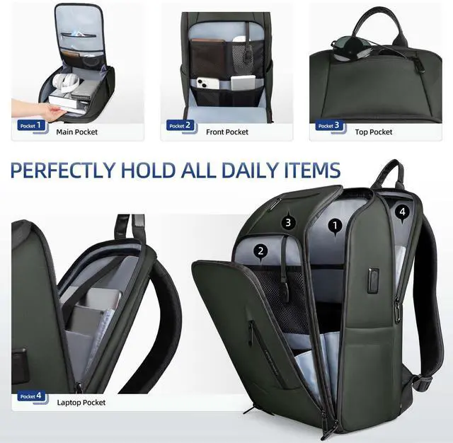 Alt view image 4 of 5 - Business Backpack Computer Bag for 15.6 Inch Laptop for Men Women with USB Charging Port Water-Resistant Anti-theft Luggage Backpack Suitcase Casual Daypack for College Weekender Hikking Travel-Green