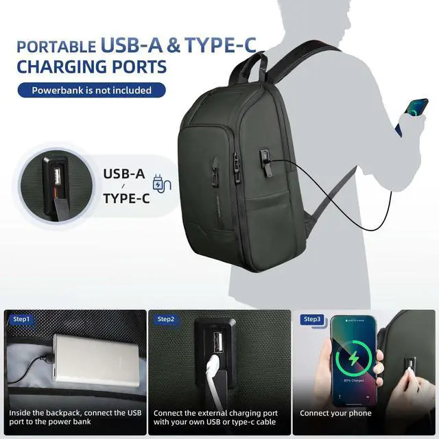 Alt view image 3 of 5 - Business Backpack Computer Bag for 15.6 Inch Laptop for Men Women with USB Charging Port Water-Resistant Anti-theft Luggage Backpack Suitcase Casual Daypack for College Weekender Hikking Travel-Green