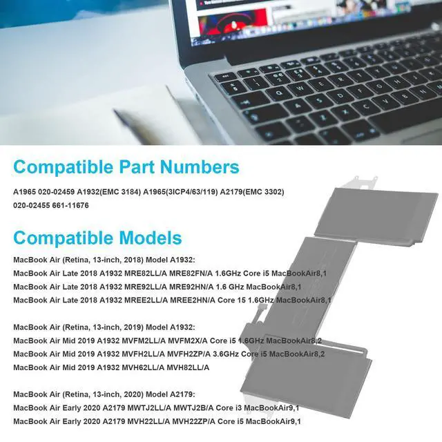 Alt view image 5 of 5 - A1932 A2179 Battery Replacement, A1965 Battery for MacBook Air 13 inch Model A1932 EMC 3184 (Mid 2018, 2019) Model A2179 EMC 3302 (2020 Release Version)