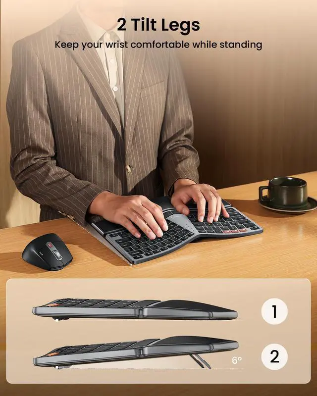 Alt view image 3 of 5 - ProtoArc Bluetooth Ergonomic Keyboard Mouse, EKM04 Mini Compact Wireless Ergo Keyboard Mouse Combo, Split Design, Wrist Rest, Multi-Device, Rechargeable, Compatible with Windows/Mac/Android