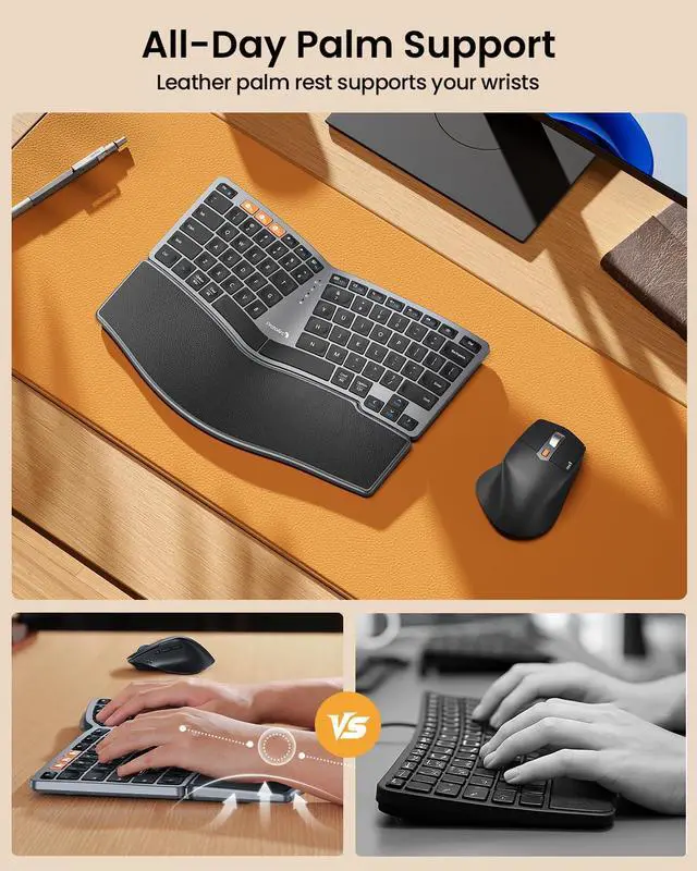 Alt view image 2 of 5 - ProtoArc Bluetooth Ergonomic Keyboard Mouse, EKM04 Mini Compact Wireless Ergo Keyboard Mouse Combo, Split Design, Wrist Rest, Multi-Device, Rechargeable, Compatible with Windows/Mac/Android