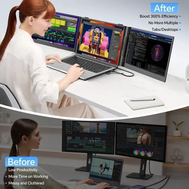 Alt view image 4 of 5 - POTTMACEE 14.2 Triple Laptop Screen Extender, 0.17" Ultra-Slim FHD 1080P Portable Monitor for Laptop, Tri-Screen Travel Monitor Extender, Plug-Play for Windows/Mac/Chrome, Fit 13-17.3 Laptops