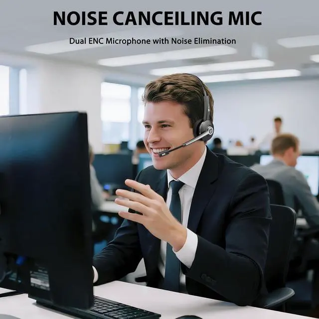 Alt view image 4 of 5 - Wireless Headset with Mic for Work, Trucker Bluetooth Headset with Microphone Noise Canceling & USB Dongle, Wireless Headphones with Mic Mute & Charging Base for Work/PC Computer/Phones/Office/Meeting