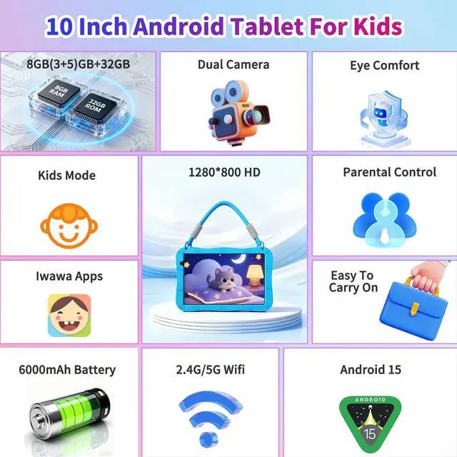 Alt view image 2 of 5 - NEWISION 10 inch Kids Tablet,Android 15 Educational Learning Pad with Lanyard, 32GB Storage,HD IPS Display,WiFi,Dual Camera,Parental Control,6000mAh Battery,Blue
