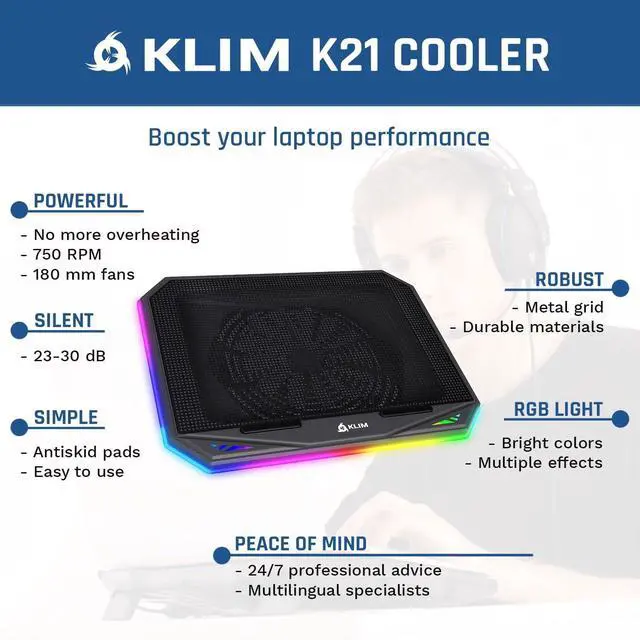 Alt view image 2 of 5 - KLIM K21 + Laptop Cooling Pad with RGB backlighting + New Version + 11" - 17" + Gaming Laptop Cooling Pad for Desk + USB Powered Fan + Very Stable and Silent + Compatible Mac, PS4, PS5