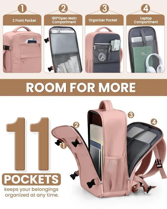 Alt view image 4 of 5 - Pritent Travel Backpack for Women Man, Waterproof Personal Item Travel Bag Airline Approved Laptop Backpack Weekender bags Bookbag for Business,Travel, Work Fits 15.6 inch Laptop(Medium,Pink)