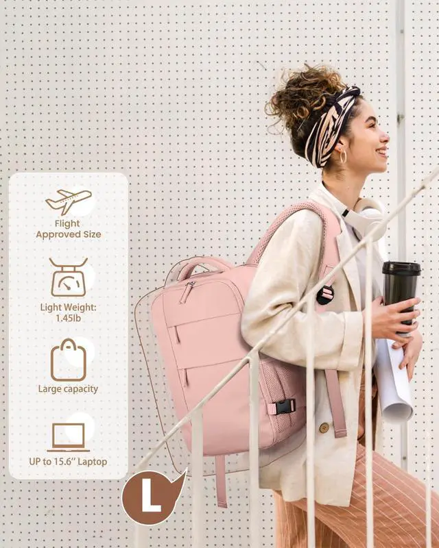 Alt view image 2 of 5 - Pritent Travel Backpack for Women Man, Waterproof Personal Item Travel Bag Airline Approved Laptop Backpack Weekender bags Bookbag for Business,Travel, Work Fits 15.6 inch Laptop(Medium,Pink)