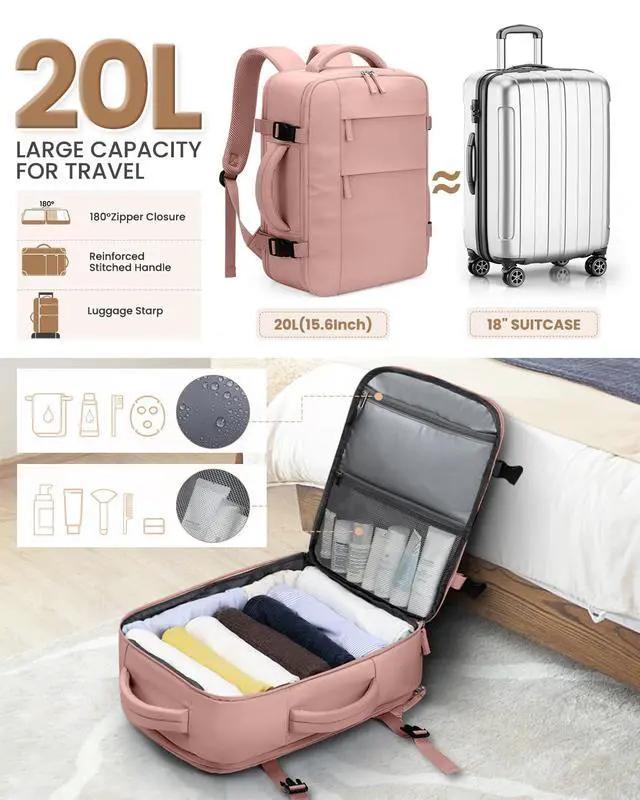 Alt view image 3 of 5 - Pritent Travel Backpack for Women Man, Waterproof Personal Item Travel Bag Airline Approved Laptop Backpack Weekender bags Bookbag for Business,Travel, Work Fits 15.6 inch Laptop(Medium,Pink)