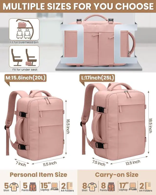 Alt view image 5 of 5 - Pritent Travel Backpack for Women Man, Waterproof Personal Item Travel Bag Airline Approved Laptop Backpack Weekender bags Bookbag for Business,Travel, Work Fits 15.6 inch Laptop(Medium,Pink)