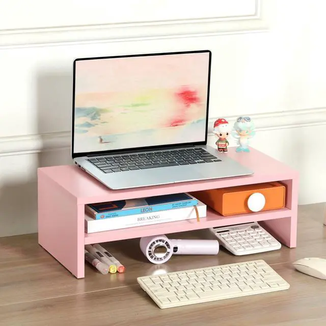 Alt view image 2 of 5 - TEAMIX 2 Tiers Pink Monitor Stand Riser, Desktop Stand with Keyboard Storage Small TV Stand Laptop Wooden Desk Organizer Cute Shelf (Pink, 2 Tiers)