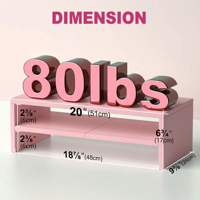 Alt view image 3 of 5 - TEAMIX 2 Tiers Pink Monitor Stand Riser, Desktop Stand with Keyboard Storage Small TV Stand Laptop Wooden Desk Organizer Cute Shelf (Pink, 2 Tiers)