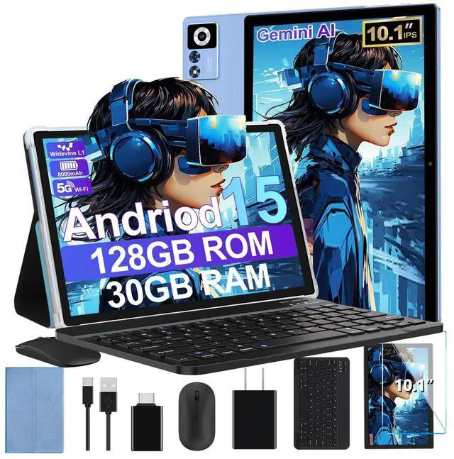 Main image of 2025 Android 15 Tablet with Keyboard | Gemini AI, 30GB+128GB Octa-Core Electronics Tablets w/ 10 Inch IPS HD Display, 8000mAh, 5G WiFi, 1TB Expand, Mouse+Case, BT 5.0, Widevine L1, Metal Body -Blue