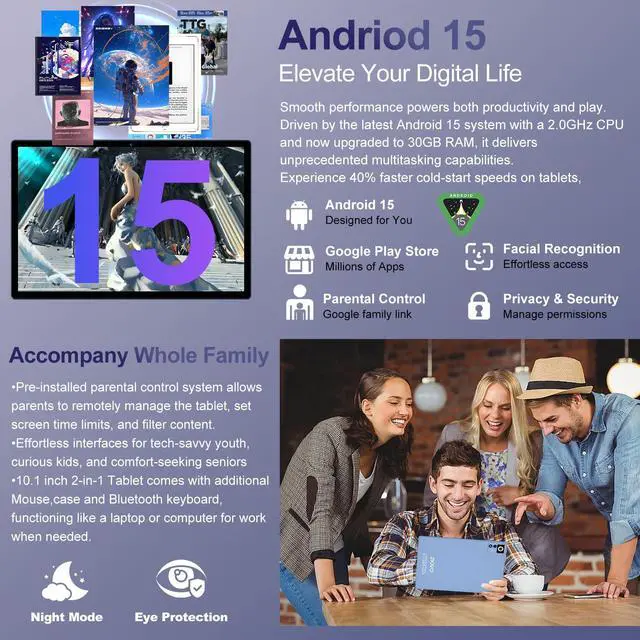 Alt view image 4 of 5 - 2025 Android 15 Tablet with Keyboard | Gemini AI, 30GB+128GB Octa-Core Electronics Tablets w/ 10 Inch IPS HD Display, 8000mAh, 5G WiFi, 1TB Expand, Mouse+Case, BT 5.0, Widevine L1, Metal Body -Blue