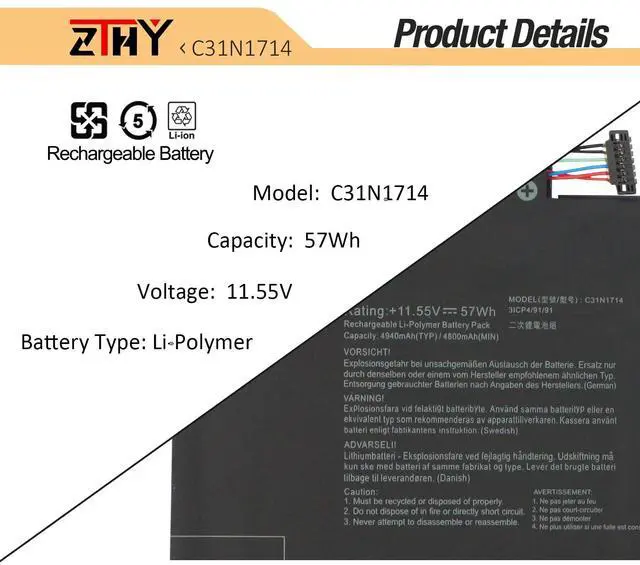 Alt view image 3 of 5 - C31N1714 Laptop Battery Replacement for Asus ZenBook Flip 14 UX461 UX461U UX461UA UX461UN UX461F UX461FA UX461FN UX461UA-1A UX461UA-E1072T UX461UN-1C UX461UN-E1008T UX461FA-E1094T C31PQ9H 11.55V 57Wh