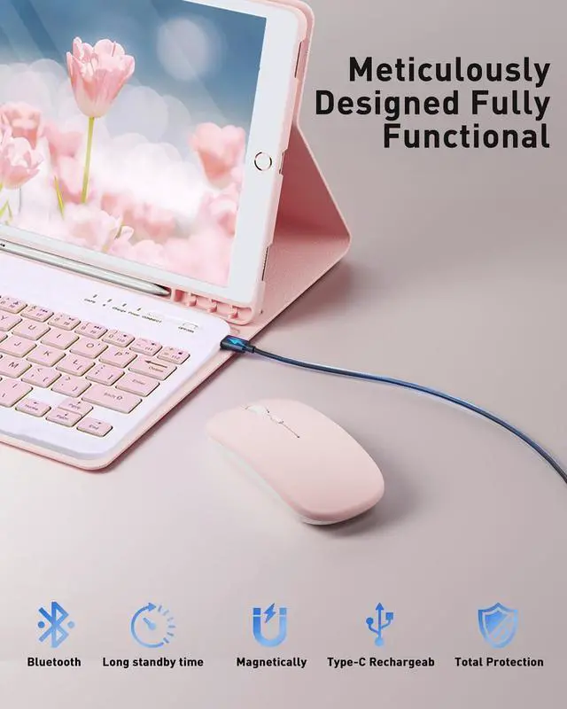 Alt view image 4 of 5 - TUNKARMOR Keyboard Case for iPad mini 5 & Mini 4 7.9 inch - with Mouse and Magnetically Keyboard, Case with Pencil Holder for iPad mini 5th / 4th Generation, Auto Sleep/Wake, Pink