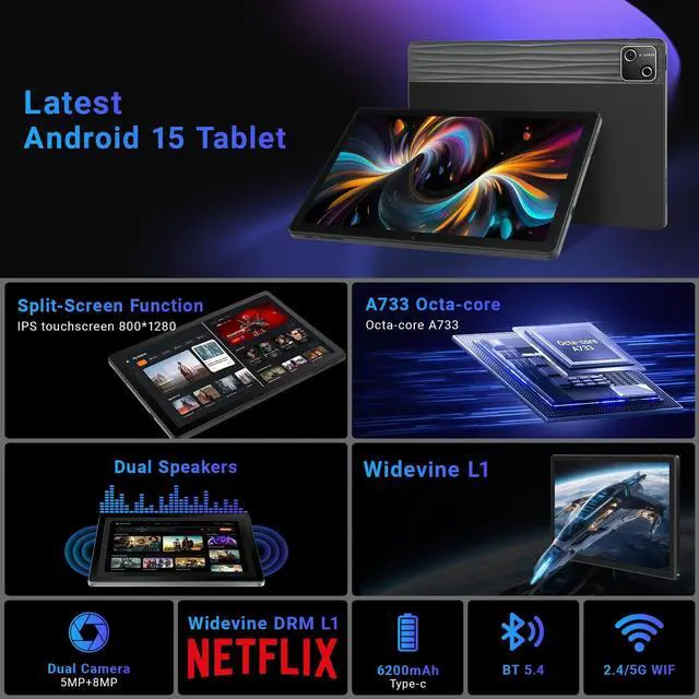 Alt view image 2 of 5 - Gleeso Tablet, Android 15, 30GB+128GB+1TB Expand, 6200mAh, 15W Fast Charge, Dual Camera, WiFi 6, BT 5.4, GMS Certified, Widevine L1 HD 10 Inch Tablet with Split Screen(Black)