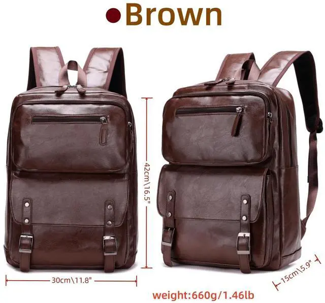 Alt view image 3 of 5 - ORILOOSEN PU Casual BackpackMen Women casual Leather laptop backpackDaily commuter leather backpackCollege backpack (Brown)