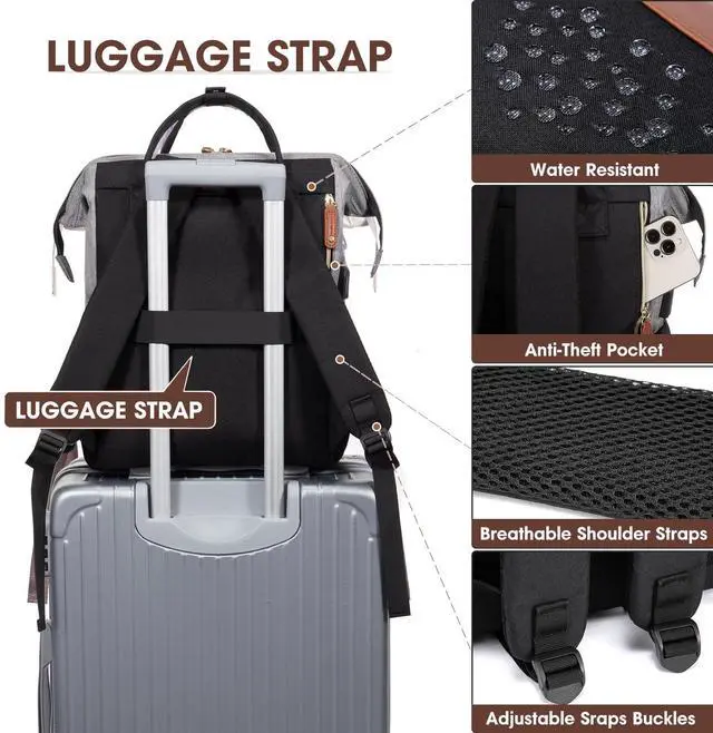 Alt view image 2 of 5 - Laptop Backpack for Womem Work Bags: 18 Inch Travel BackPacks With USB Charging Port Anti Theft Durable Back Pack Fashion College BookBag Purse Bussiness Daypack for Nurse Teacher Black Grey Brown