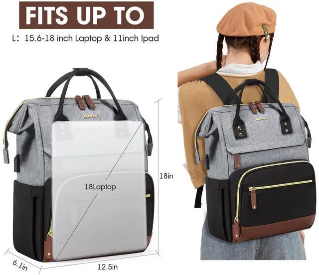 Alt view image 3 of 5 - Laptop Backpack for Womem Work Bags: 18 Inch Travel BackPacks With USB Charging Port Anti Theft Durable Back Pack Fashion College BookBag Purse Bussiness Daypack for Nurse Teacher Black Grey Brown