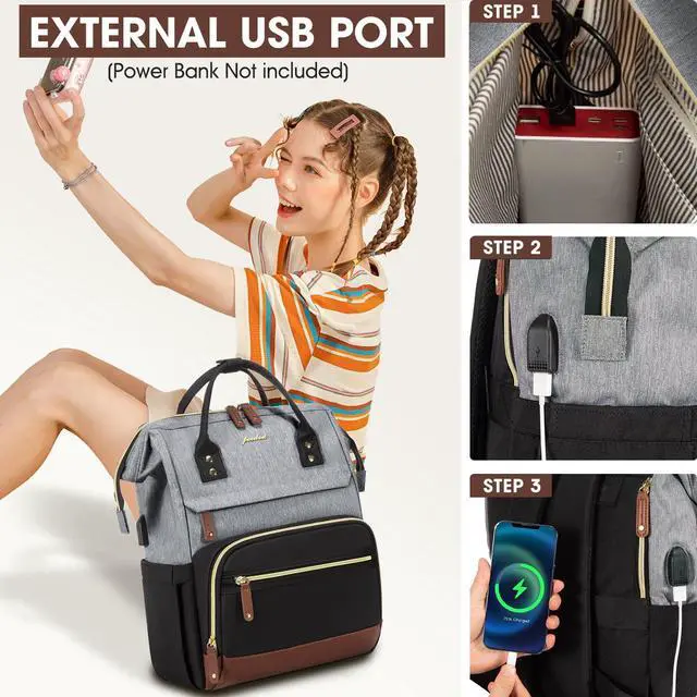 Alt view image 4 of 5 - Laptop Backpack for Womem Work Bags: 18 Inch Travel BackPacks With USB Charging Port Anti Theft Durable Back Pack Fashion College BookBag Purse Bussiness Daypack for Nurse Teacher Black Grey Brown